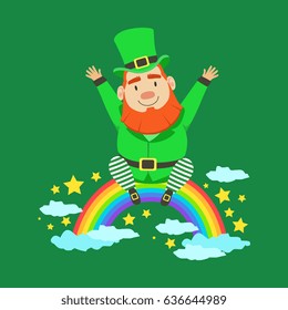 Cute cartoon dwarf Leprechaun sitting on a rainbow. Saint Patricks Day colorful character vector