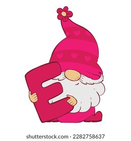 Cute cartoon Dwarf in a red cap holds a large letter e in his hands