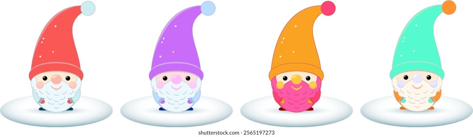 Cute cartoon dwarfs for fairy tale. Kawaii garden gnomes on white background. Christmas gnomes. Vector flat illustration. Kind gnomes in santa hats on white background. Scandinavian christmas elve