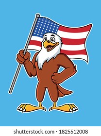 Cute cartoon eagle with american flag. Vector Illustration with simple gradients. isolated on blue background