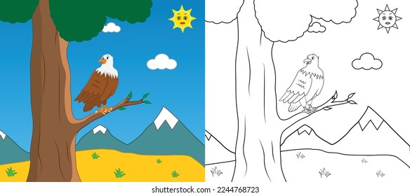 Cute cartoon eagle coloring page with line art vector illustration