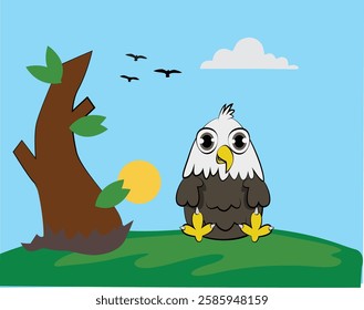 Cute Cartoon Eagle in a Natural Landscape  