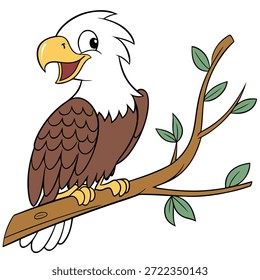 Águila linda de la historieta encaramada en una rama en un estilo limpio de la Ilustración vectorial	