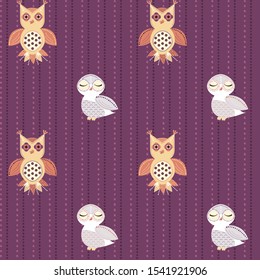 Cute cartoon eagle-owl with purple, orange and white ethnic ornament on violet background with circles, bright funny seamless vector chequerwise pattern  for kids