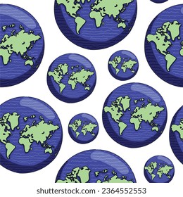 Cute cartoon earth character. Earth Day, save the green planet, happiness, love. Seamless pattern for wrapping or print