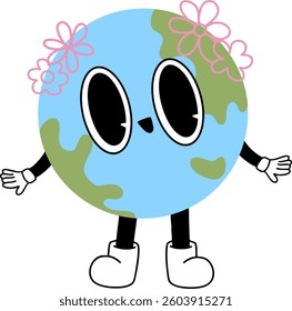 A Cute cartoon Earth character with flowers, smiling and welcoming