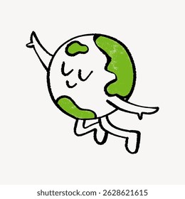 Cute cartoon Earth character with green continents, dancing joyfully. Playful Earth illustration with simple lines and happy expression. Earth, green, cartoon. Line art illustration vector.