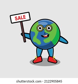 Cute cartoon earth character holding sale sign designs in concept 3d cartoon style