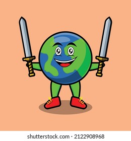 Cute cartoon Earth character holding two sword in 3d modern design