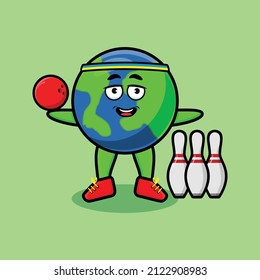 Cute cartoon earth character playing bowling in 3d modern style design for t-shirt, sticker, etc.