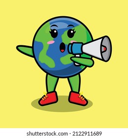 Cute Cartoon earth character speak with megaphone in 3d cartoon style concept