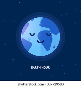 Cute cartoon Earth character taking a break for a while. Earth hour day flat vector illustration for poster and social media posts. Earth planet on a dark blue background