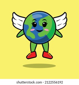 Cute cartoon earth character wearing wings in modern style design for t-shirt, sticker, etc.