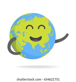 Cute Cartoon Earth Character. World Map Globe With Smiley Face And Hands Vector Illustration.