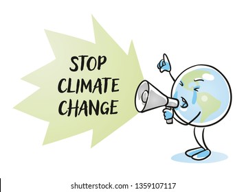 Cute Cartoon Earth Character Yelling In Megaphone, Calling Save Our Planet. Illustration For Kids And Social Media. Hand Drawn Cartoon Sketch Vector Illustration With Simple Plain Coloring. 