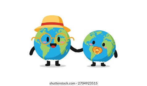 Lindos personajes de dibujos animados de la Tierra que representan a un padre y un niño tomados de la mano para simbolizar el cuidado del medio ambiente generacional.