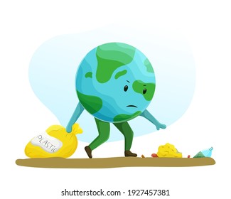 Cute cartoon Earth collects garbage. Save and protect planet. Environmental pollution problems. Vector illustration.
