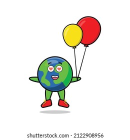 Cute cartoon earth floating with balloon cartoon vector illustration in concept 3d cartoon style