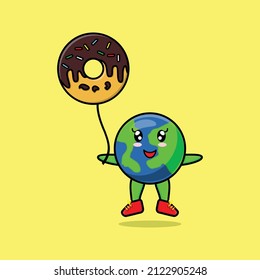 Cute cartoon earth floating with donuts balloon cartoon vector illustration