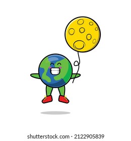 Cute cartoon earth floating with moon balloon cartoon vector illustration in concept 3d cartoon