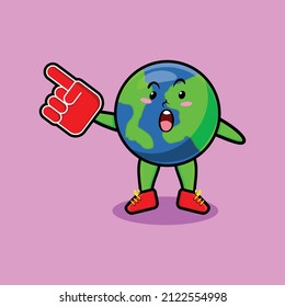 Cute Cartoon Earth with foam finger glove in modern design for t-shirt, sticker, logo element