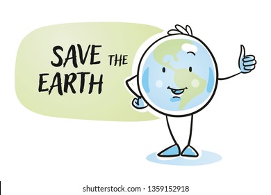 Cute cartoon earth globe character showing thumb with save the earth sign. Illustration for kids and school lessions. Hand drawn cartoon sketch vector illustration, simple plain coloring. 