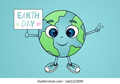 Cute cartoon Earth globe postcard. Earth day background.