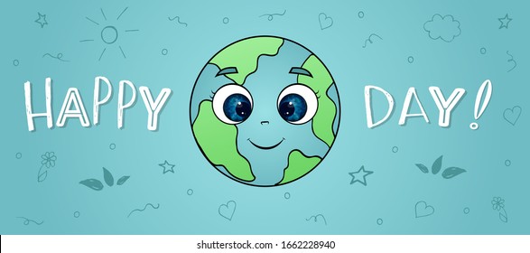 Cute cartoon Earth globe postcard. Earth day background.