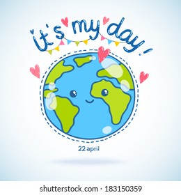 Cute cartoon Earth globe postcard. Earth day background.