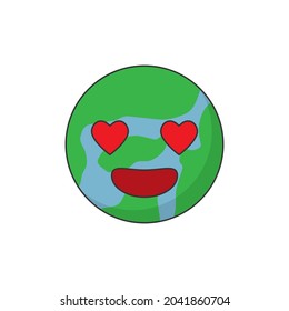 Cute cartoon earth has a falling in love eyes. Flat design vector illustration isolated on white background.