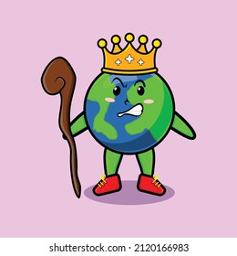 Cute cartoon earth mascot as wise king with golden crown and wooden stick cute modern style design for t-shirt, sticker, logo element