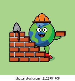 Cute cartoon earth as mason character in 3d modern style design