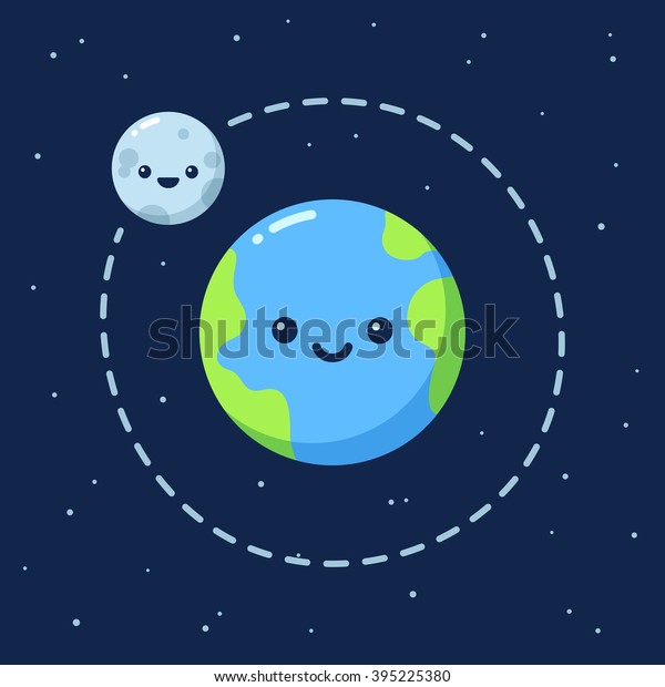 かわいい地球と月 モダンなフラットスタイルのベクターイラスト のベクター画像素材 ロイヤリティフリー