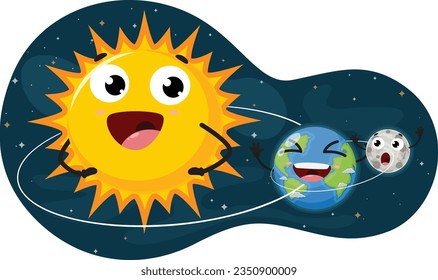 Cute cartoon earth and moon orbiting sun, isolated on white background