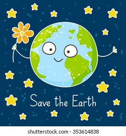Cute cartoon Earth on space background