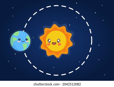 Cute cartoon Earth orbiting around Sun. Solar system, cartoon characters, vector.
