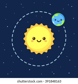 Cute cartoon Earth orbiting around Sun. Modern flat space illustration.