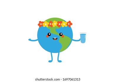 Cute cartoon earth planet character in floral wreath holding banner in hand, asking to save the planet.
