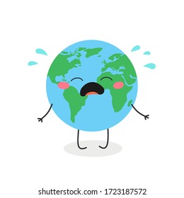 Cute cartoon Earth planet character crying out loudly. Vector flat illustration isolated on white background