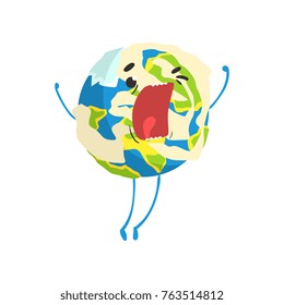 Cute cartoon Earth planet character shouting, funny globe emoji vector Illustration