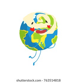 Cute cartoon Earth planet character with red hearts on cheeks, funny globe emoji vector Illustration