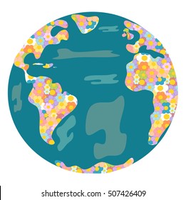 cute cartoon earth planet with daisy flowers concept vector illustration