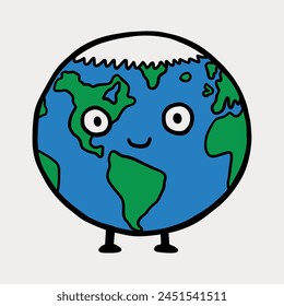 Cute cartoon earth planet. Globe character with legs. North pole, melting glaciers, global warming concept. Vector illustration