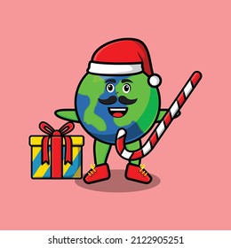 cute cartoon earth santa clause character is bringing candy cane and boxes christmas illustration