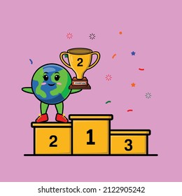 Tierra de dibujos animados como segundo ganador con expresión feliz en diseño de estilo moderno 3d