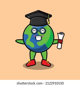 Cute cartoon earth student character on graduation day with toga in concept 3d cartoon style