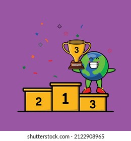 Cute cartoon earth as the third winner with happy expression in 3d modern style design