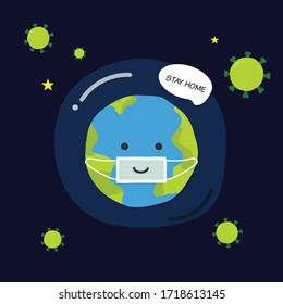 Cute cartoon of the Earth wearing a mask  is quarantine itself in the home barrier at the universe  with many of coronavirus outside the home barrier and saying "Stay Home" in text bubble.