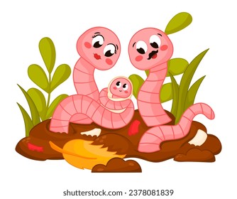 Cute cartoon earthworm family characters holding newborn and sitting on the ground, composting and insect life cycle concept for kids