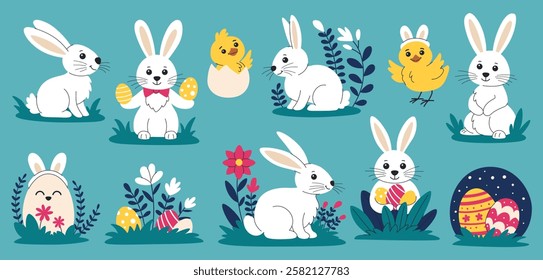 Cute cartoon Easter bunnies, chicks and eggs set. Collection of Easter compositions with animals and eggs for festive design.